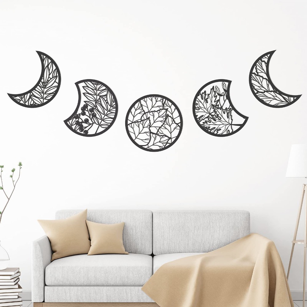 Décoration murale Phases de Lune – Feuillage Noir 5 Pièces